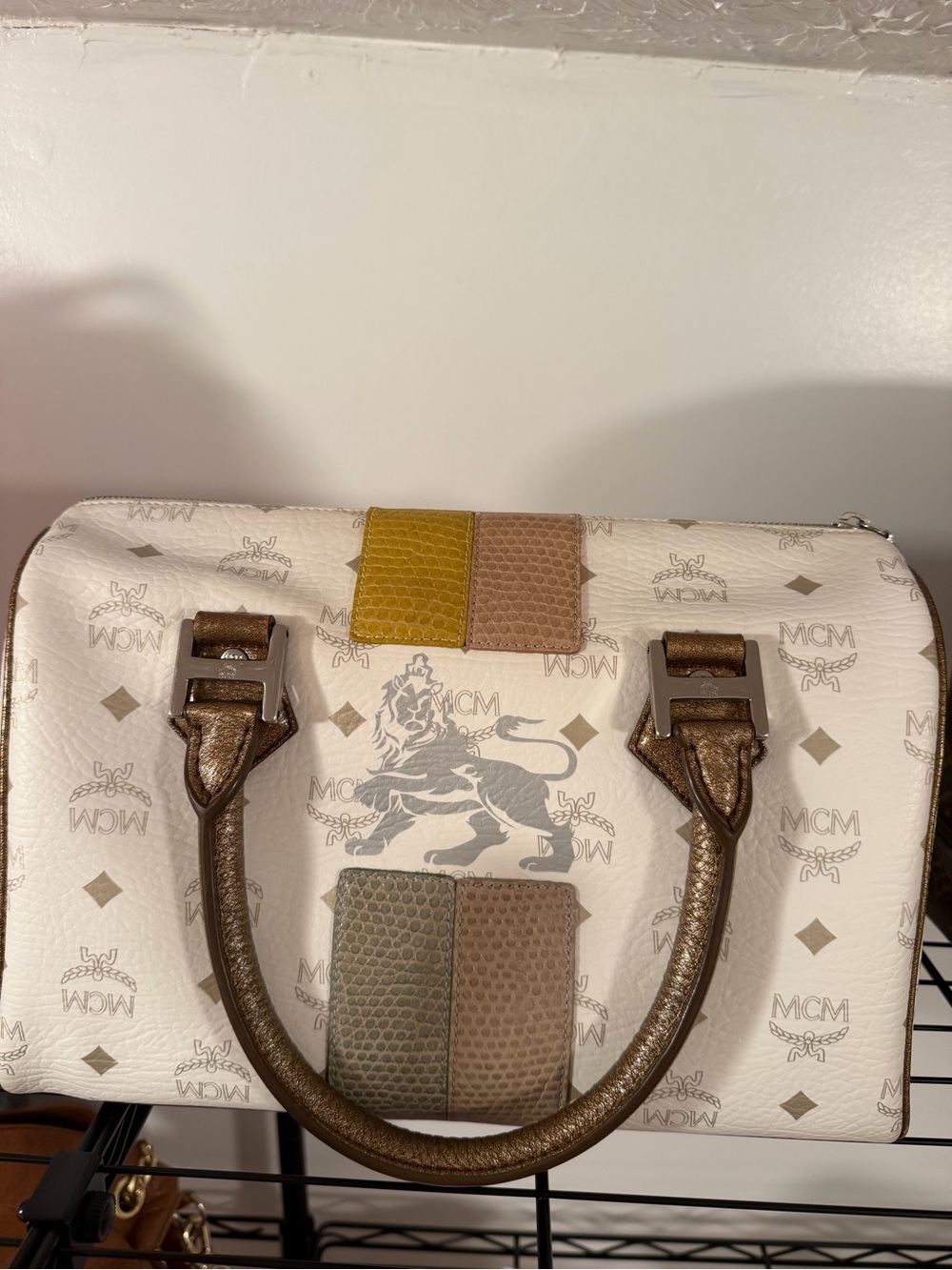 MCM White Logo Dome Satchel with Yellow, Tan and Olive Accents